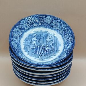 Vintage Liberty Blue Staffordshire Betsy Ross Berry Bowls, 5 Inches, Set Of 8